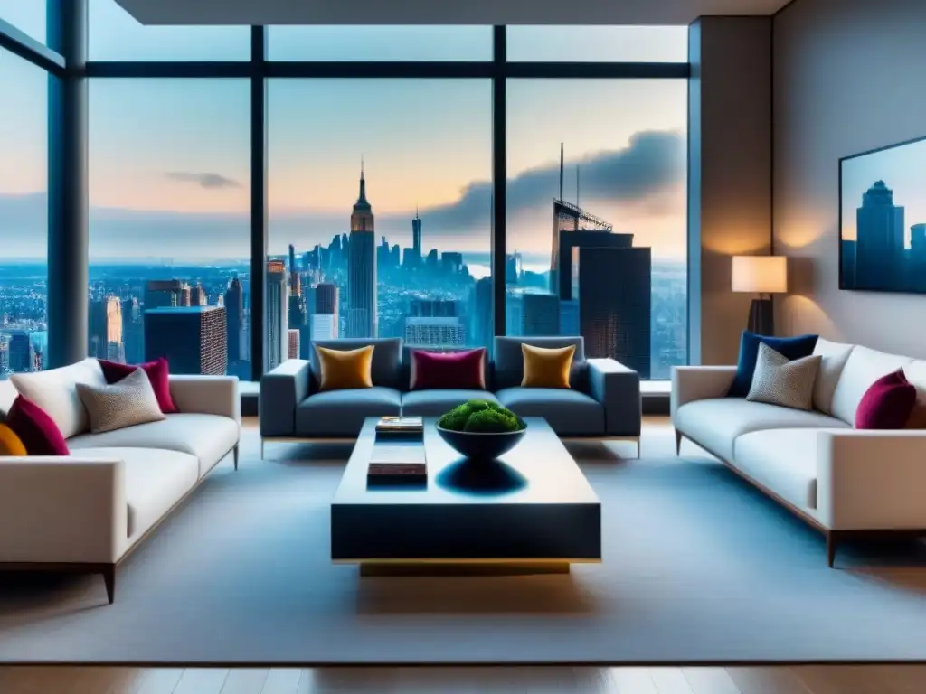 Lujoso salón moderno en penthouse con vista a la ciudad, muebles contemporáneos elegantes y arte llamativo