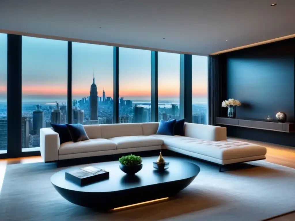 Un lujoso salón moderno en un penthouse de lujo con vista panorámica a la ciudad, muebles contemporáneos y arte elegante