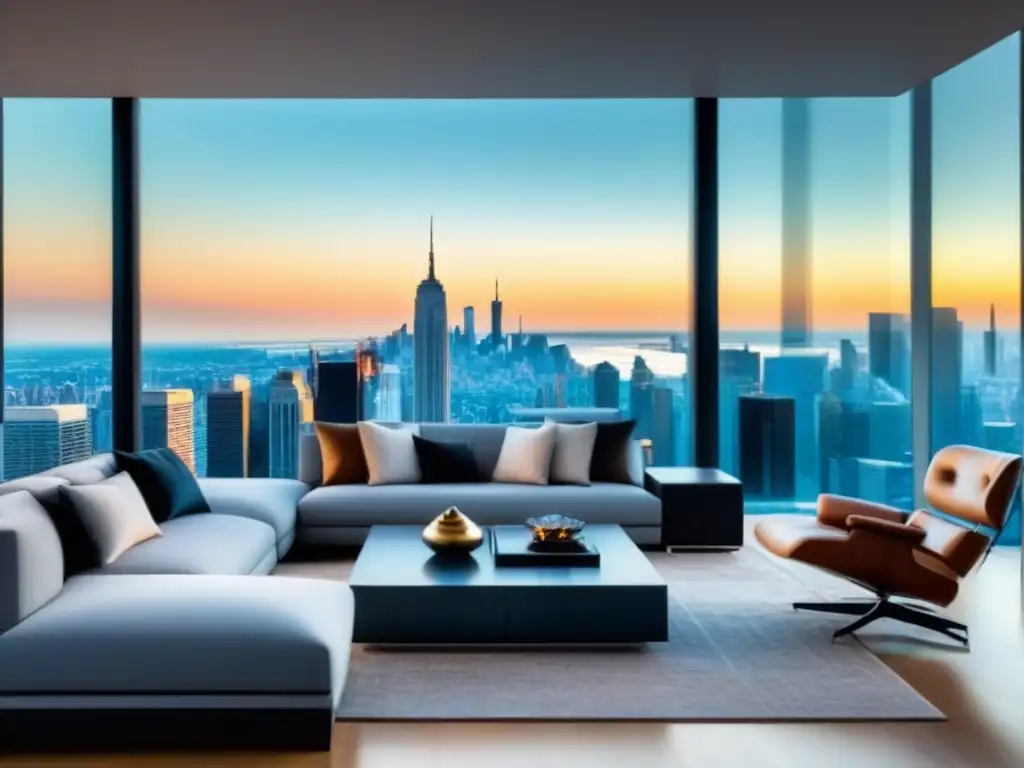 Salón de lujo con vistas a la ciudad: refinanciamiento Un lujoso salón moderno con ventanales de piso a techo que ofrecen vistas impresionantes de la ciudad