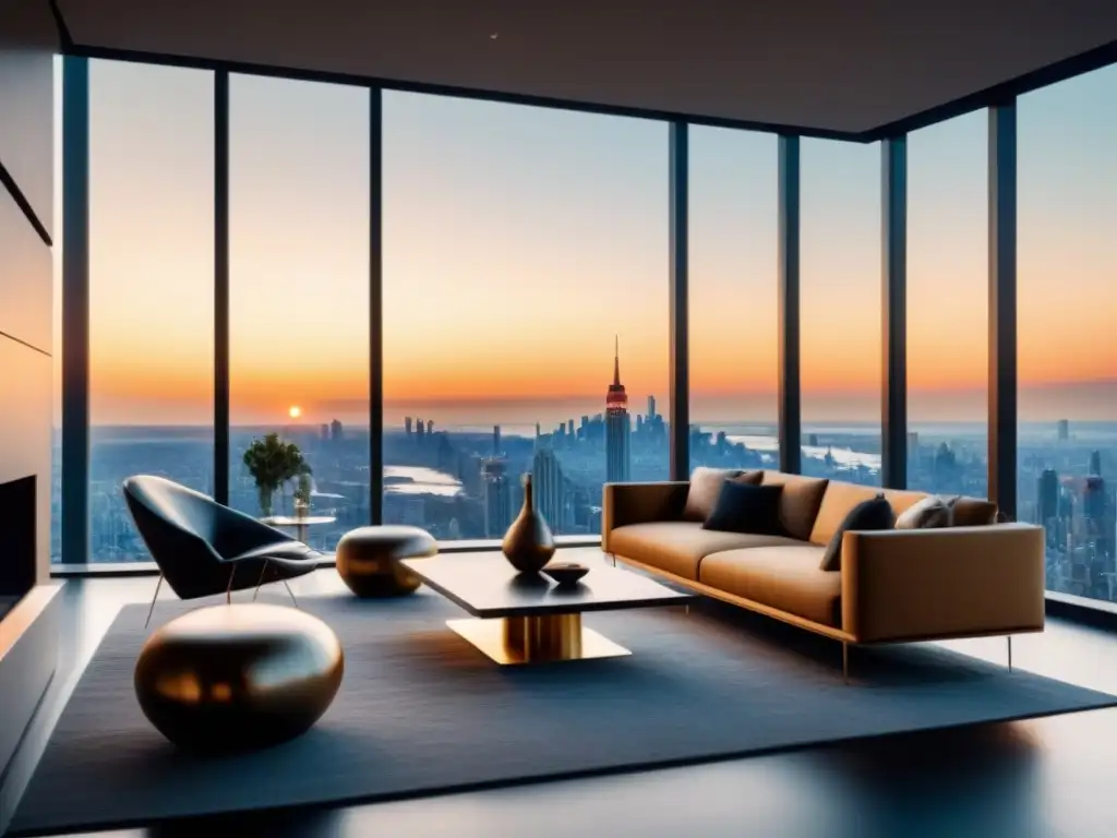 Un lujoso salón moderno con vista a la ciudad al atardecer