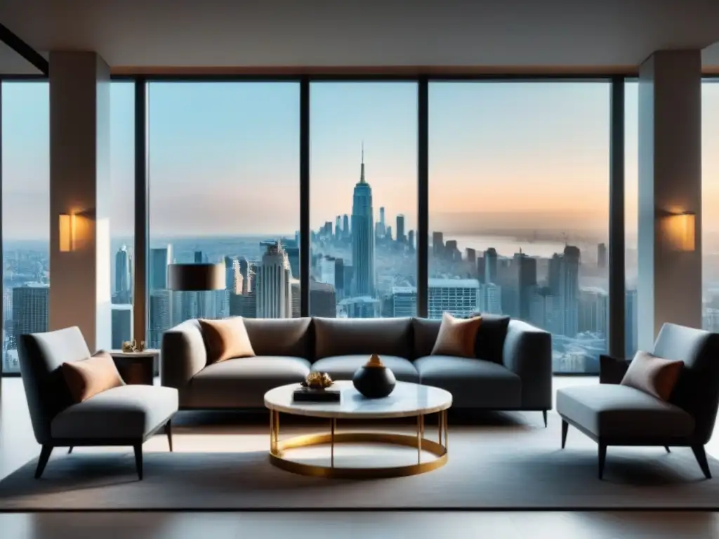 Sala de estar moderna de lujo con vista panorámica a la ciudad Un lujoso salón moderno con vista panorámica a la ciudad