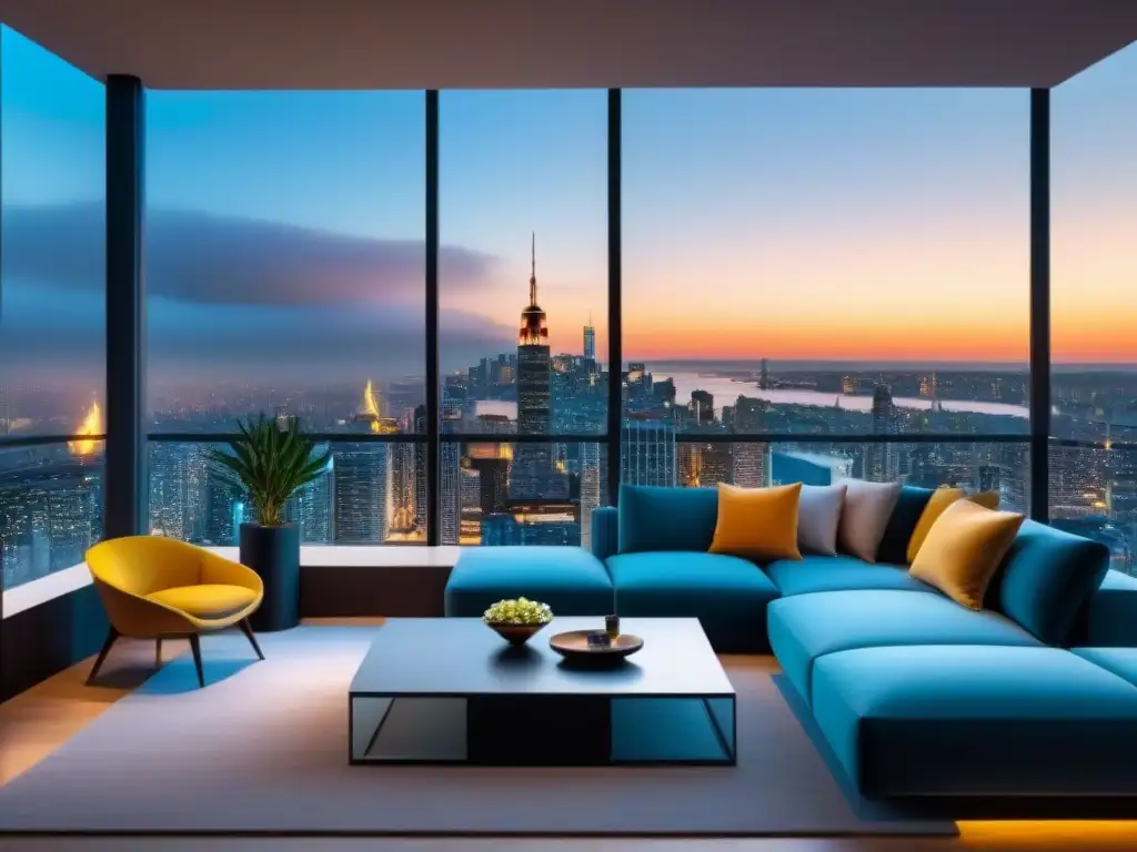 Sala de estar de lujo con vista nocturna de la ciudad Un lujoso salón moderno con vistas a la ciudad de noche, elegante y sofisticado