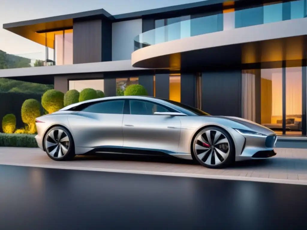 Vehículo de lujo del futuro en propiedad exclusiva Un lujoso vehículo autónomo frente a una lujosa propiedad, fusionando tecnología y lujo