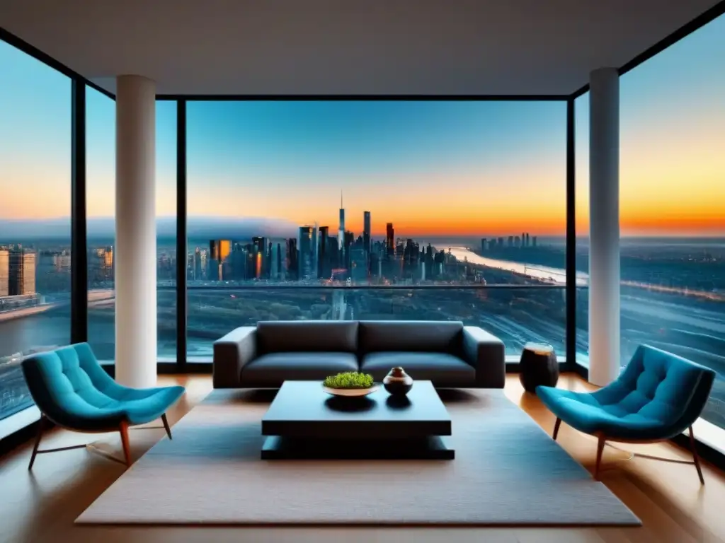 Salón de lujo con vistas panorámicas a la ciudad Un lujoso salón penthouse con vista urbana, elegante decoración y mobiliario moderno