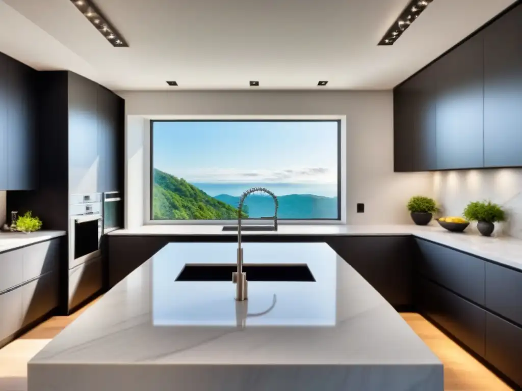 Un luminoso y moderno diseño de cocina con electrodomésticos de acero inoxidable y encimeras de mármol