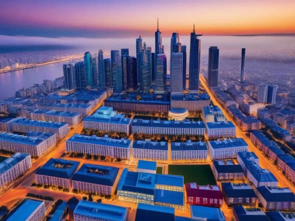 Cityscape vibrante al atardecer: fusión cultural y desarrollo inmobiliario Majestuosa ciudad al atardecer, fusionando historia y modernidad