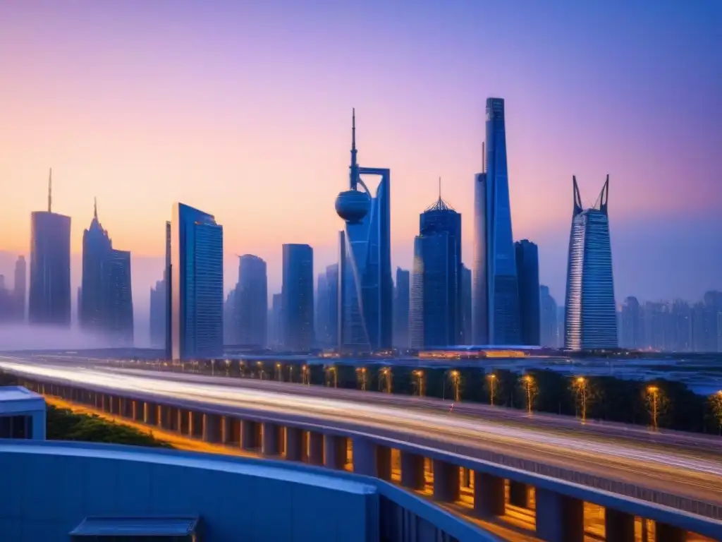 Horizonte futurista: innovación inmobiliaria en ciudad digital Majestuosa ciudad futurista al anochecer, con rascacielos iluminados y avanzados sistemas de transporte integrados