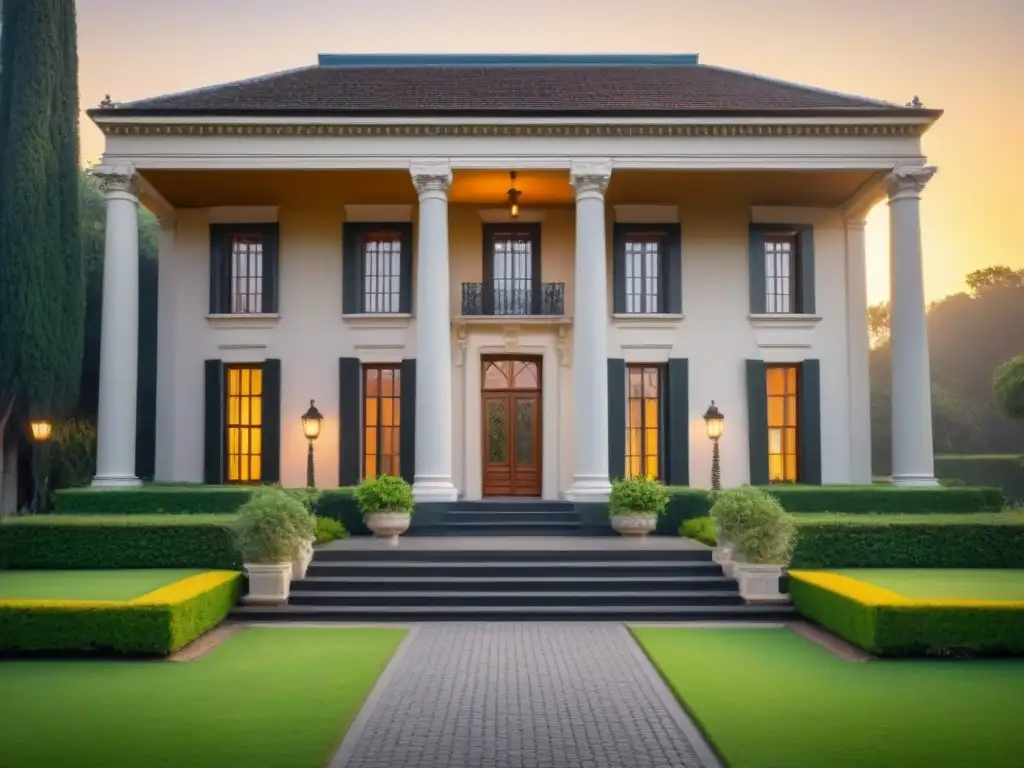Residencia histórica restaurada con jardín y atardecer Majestuosa mansión histórica con detalles arquitectónicos, columnas imponentes y exuberante jardín alrededor