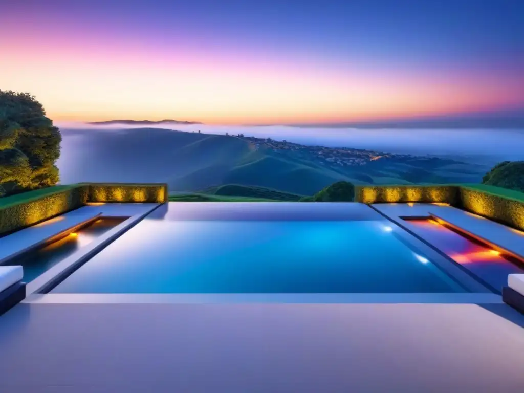 Mansión de lujo en colinas al atardecer: sofisticación y elegancia Una majestuosa mansión moderna de lujo en medio de colinas al atardecer
