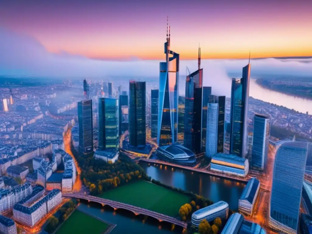 Espléndida vista aérea del skyline de Frankfurt al atardecer La majestuosa vista aérea de Fráncfort al atardecer, con rascacielos modernos y el río Main, fusiona historia y modernidad en el distrito financiero