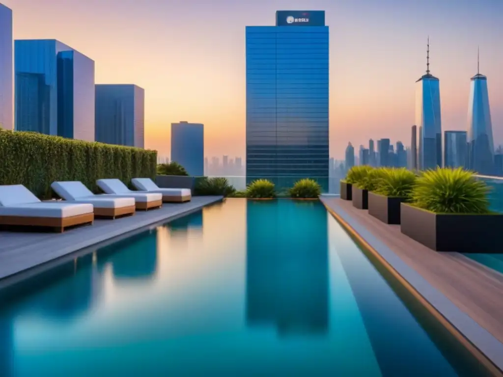 Resplandeciente rascacielos de lujo con piscina infinita en atardecer urbano Un majestuoso edificio de apartamentos de lujo con jardines impecables y una piscina infinita, iluminado por el cálido atardecer