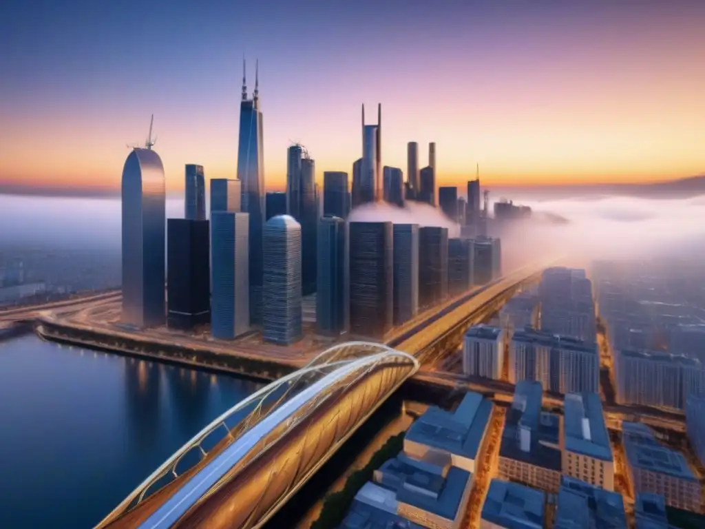 Metrópolis Futurista: Integración Digital en Real Estate Un majestuoso horizonte urbano futurista en 8k, reflejando la puesta de sol dorada