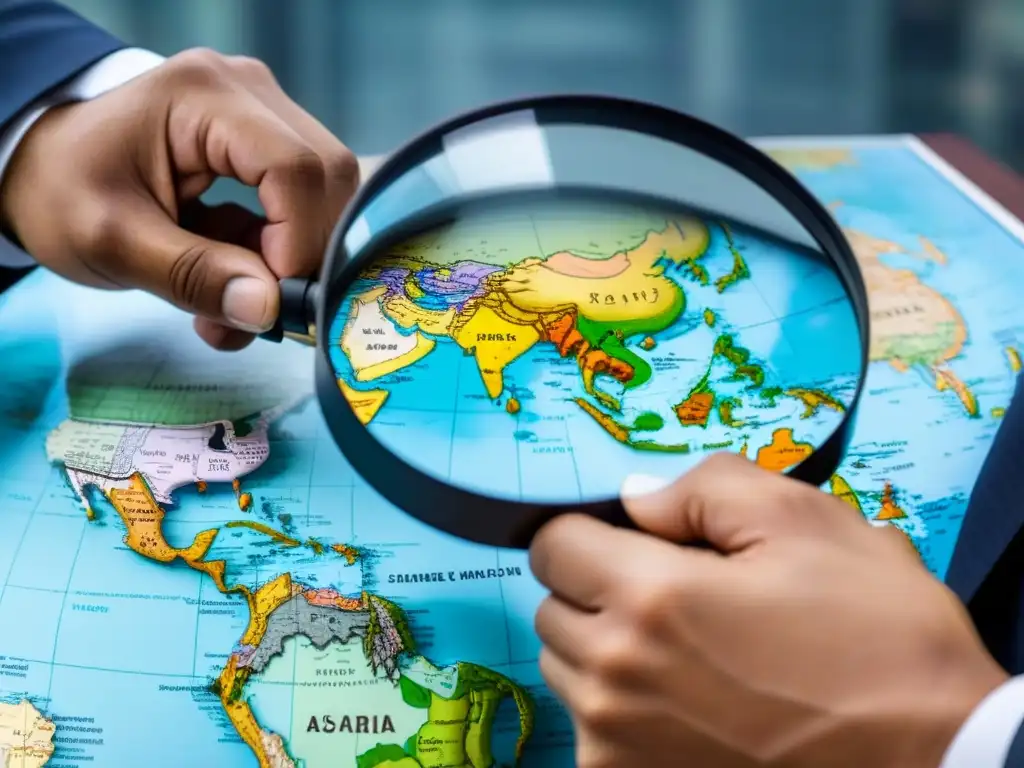 Exploración detallada: regulaciones financieras en Asia Mano experta examina mapa detallado de Asia con regulaciones financieras inmobiliarias