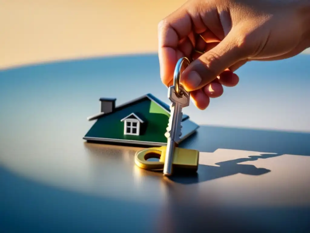 Clave del éxito: llaves de casa con sombra de gráfico ascendente Mano sosteniendo llaves con sombra de gráfico en forma de crecimiento financiero
