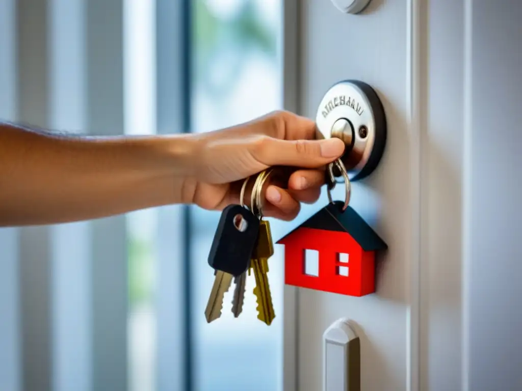 Contraste generacional: llaves del hogar Un mano Millennial sostiene llaves, reflejando una pareja Boomer abriendo su nuevo hogar