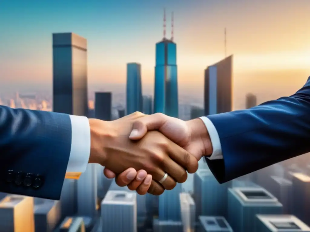 Dos manos se estrechan en un acuerdo entre banco y agencia inmobiliaria en una ciudad moderna