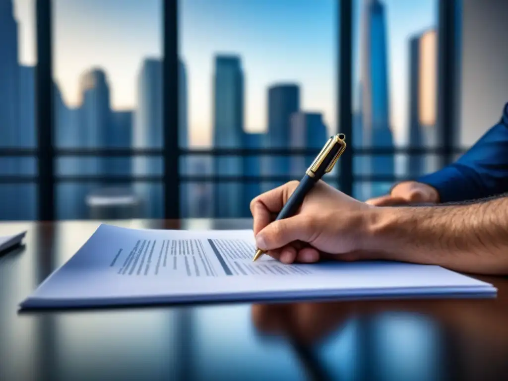 Contrato firmado en oficina moderna Manos firmando contrato en oficina moderna para negociar con acreedores inmobiliarios