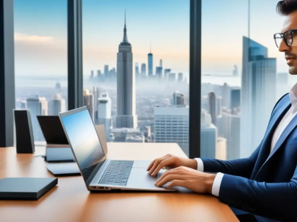 Oficina elegante con documentos inmobiliarios y vistas a la ciudad Manos determinadas gestionando deudas inmobiliarias con documentos organizados y gráficos financieros, vista panorámica de ciudad