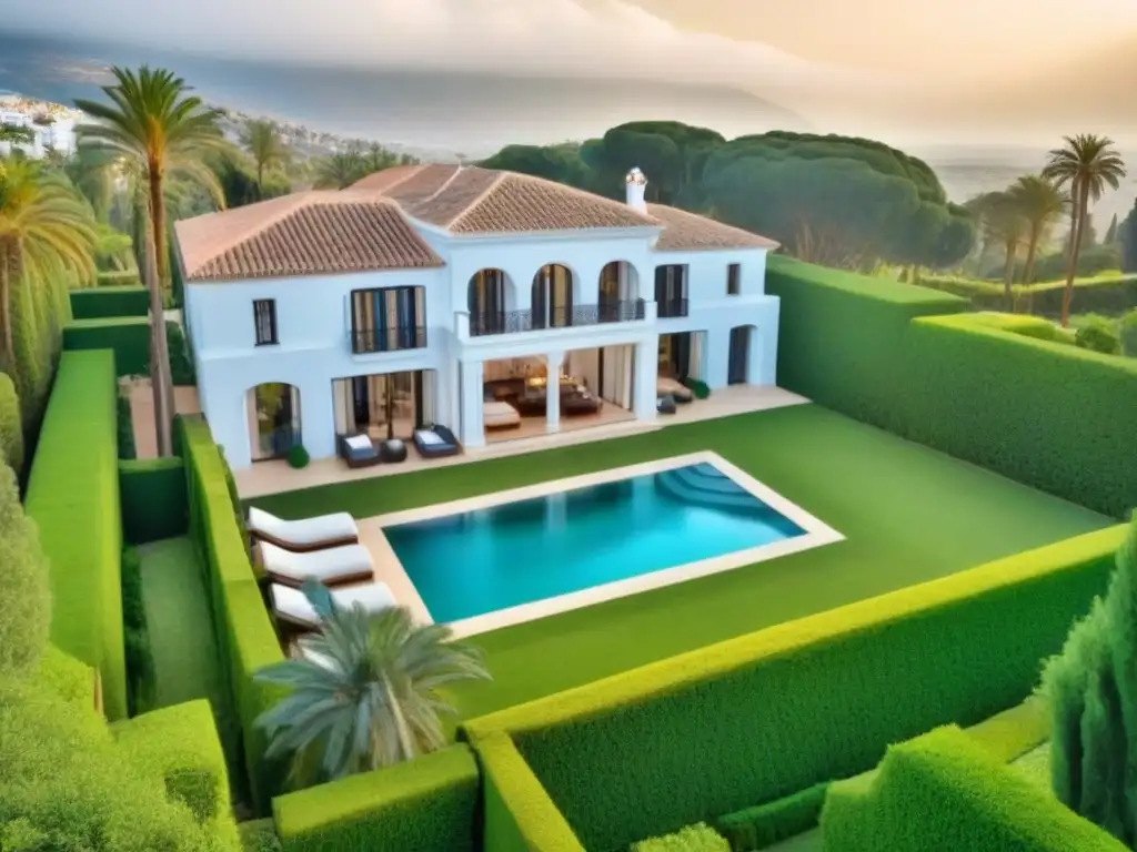 Mansión de lujo en Marbella: exclusividad y opulencia Una mansión de lujo en Marbella con jardines impecables, arquitectura elegante y piscina reluciente bajo el sol mediterráneo