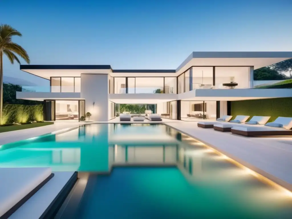 Exclusiva mansión moderna de lujo con piscina y paisajismo exuberante Una mansión moderna de lujo con diseño arquitectónico elegante, ventanales de piso a techo, piscina al aire libre y exuberante paisajismo