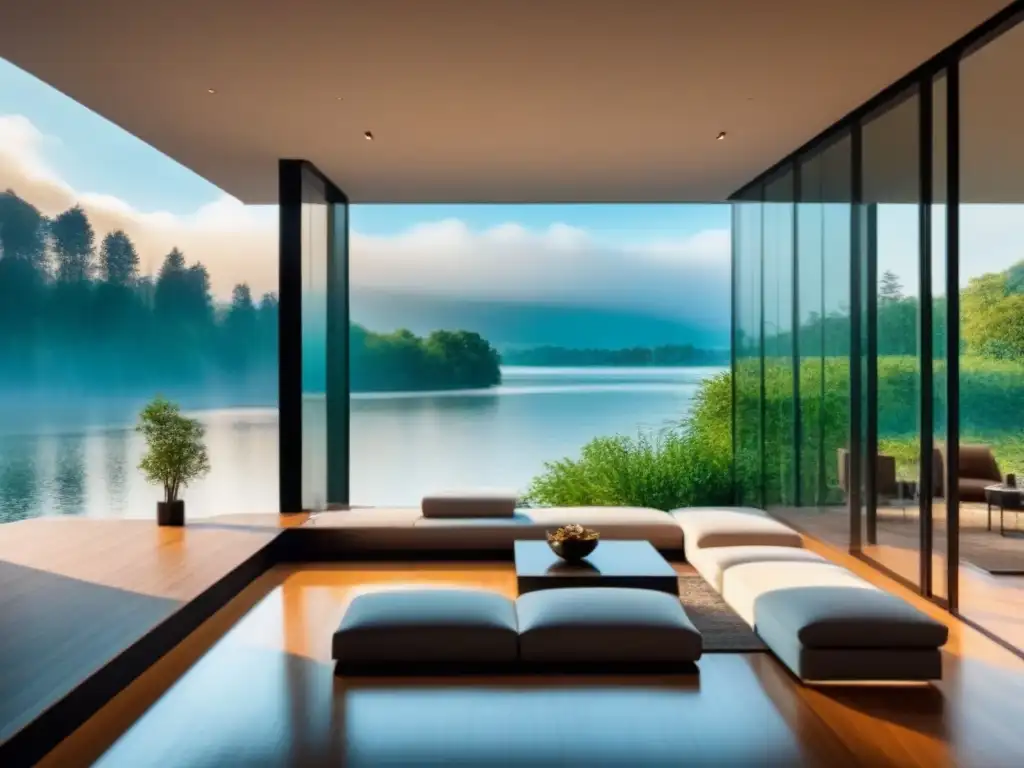 Residencia de lujo con ventanales al lago al atardecer Una mansión moderna de lujo con vistas a un lago sereno al atardecer