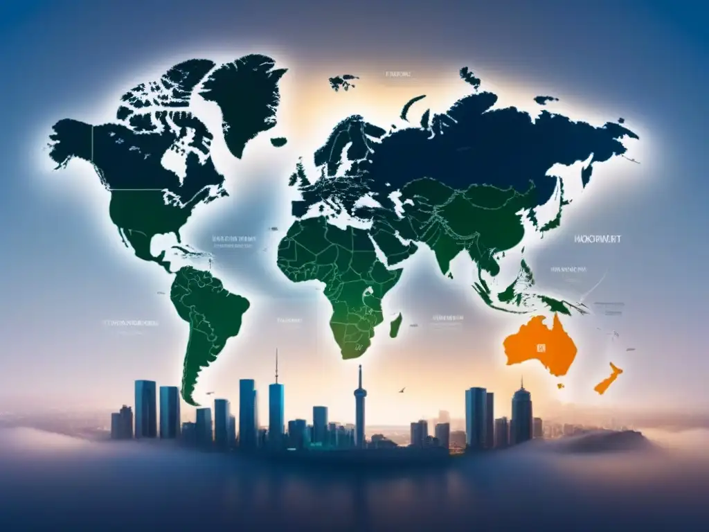 Inversiones inmobiliarias globales: mapamundi de divisas y ciudades clave Mapa global con monedas y ciudades, ilustrando inversión inmobiliaria y protección inversores cambio de divisas