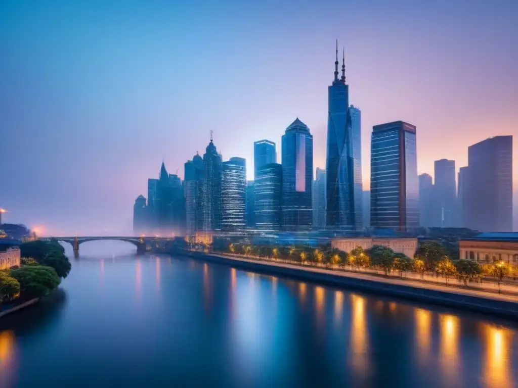 Horizonte urbano de luces vibrantes y río sereno al atardecer Marca irresistible mercado inmobiliario: Impresionante ciudad moderna al anochecer con rascacielos iluminados y río sereno