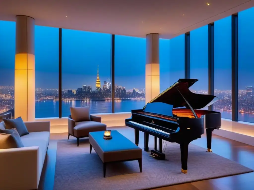 Penthouse de lujo con vista nocturna de la ciudad y decoración elegante Marca para propiedades de lujo: Penthouse moderno con ventanales que muestran la ciudad de noche, elegante y acogedor
