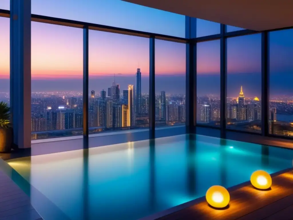 Rascacielos de lujo con vista a la ciudad al atardecer Marketing de lujo en inmobiliaria: Edificio moderno con ventanales de cristal que reflejan la ciudad al atardecer, con piscina en la azotea