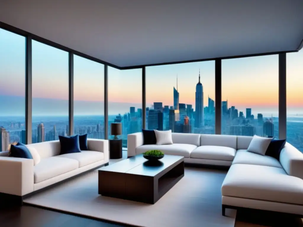 Penthouse de lujo: diseño moderno con vistas panorámicas Marketing de propiedades de lujo: Imagen de un lujoso ático moderno con ventanales de piso a techo y terraza panorámica