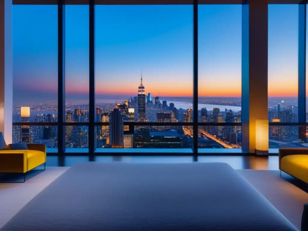 Propiedad de lujo con vista panorámica al atardecer Marketing de propiedades de lujo: lujosa propiedad moderna con vista a la ciudad al atardecer, decorada con elegancia y sofisticación