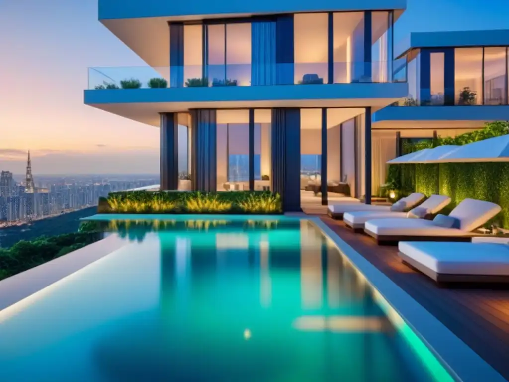 Edificio de lujo al atardecer con piscina infinita en la azotea Marketing visual en préstamos inmobiliarios: Edificio moderno de lujo con piscina infinita en el atardecer urbano