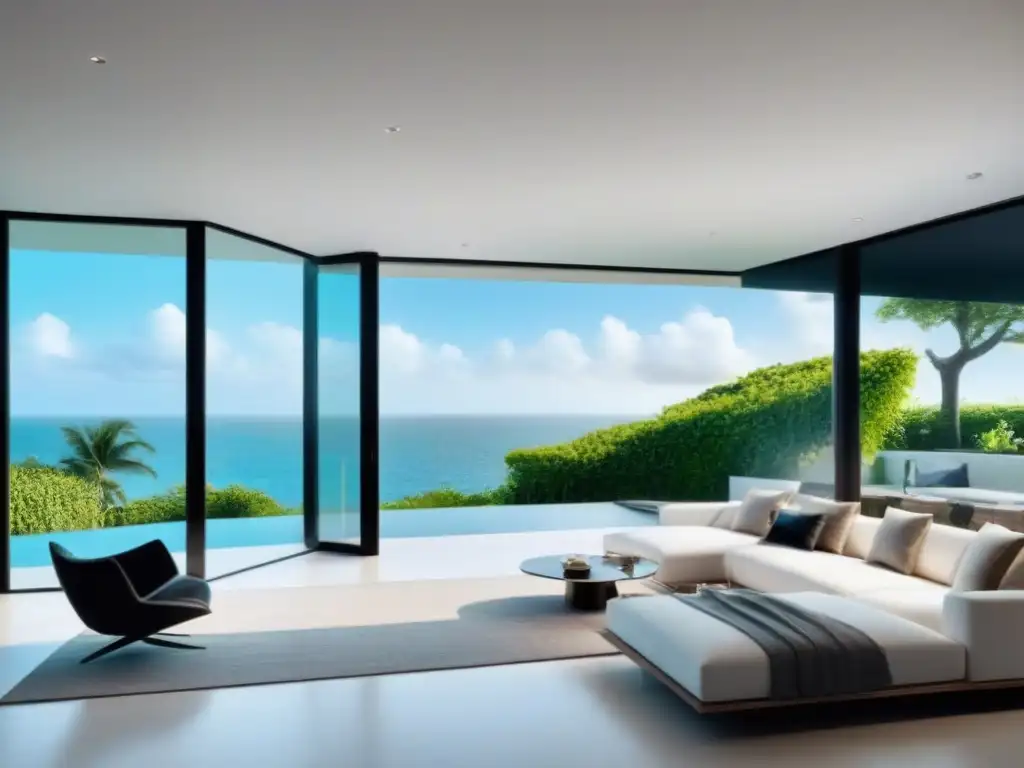 Exclusiva mansión moderna con vistas al agua y exuberante vegetación Marketing visual en préstamos inmobiliarios: Mansión moderna de lujo rodeada de vegetación y agua, con diseño sofisticado y amplias ventanas