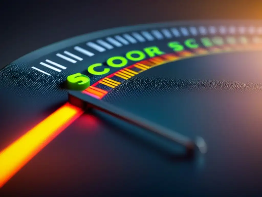 Puntaje crediticio brillante: de pobre a excelente Medidor de historial crediticio brillante muestra puntuación excelente en entorno futurista, resaltando importancia financiamiento