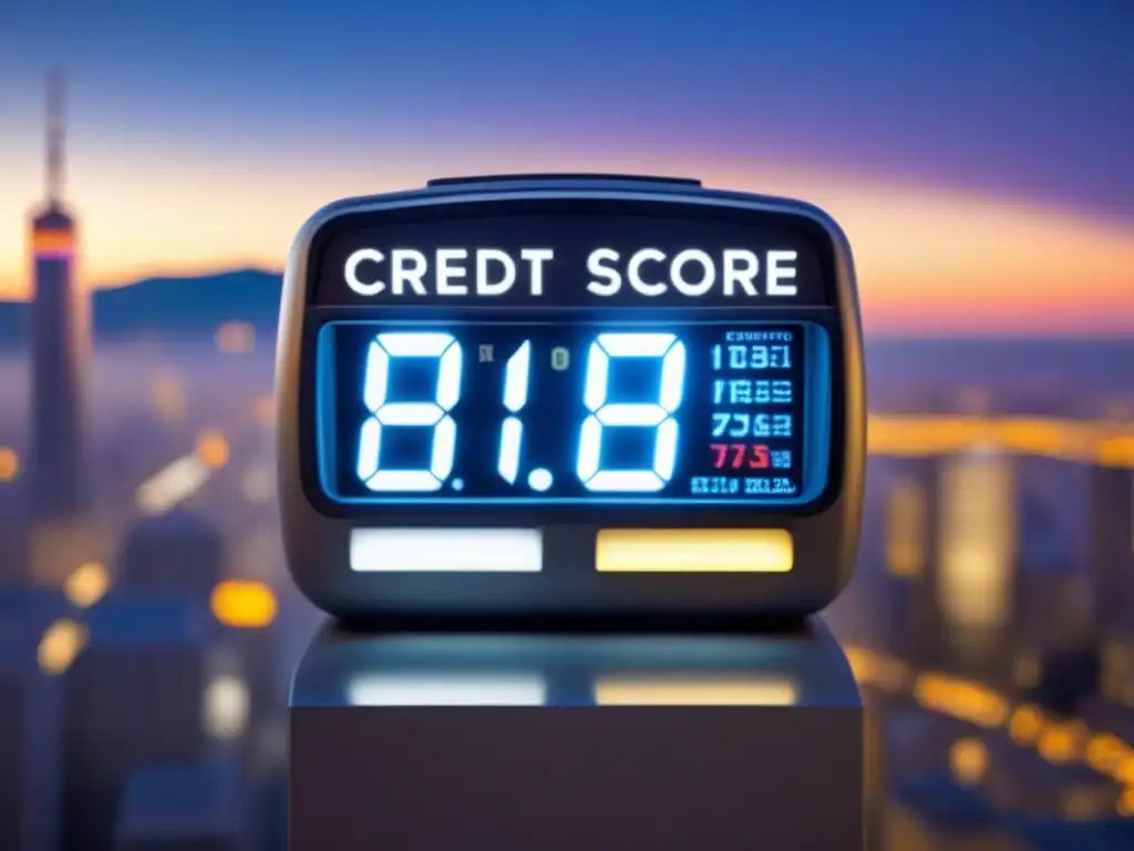 Medidor de puntaje crediticio futurista con emociones cambiantes Medidor de puntaje crediticio futurista reflejando emociones, con números digitales en la ciudad al atardecer