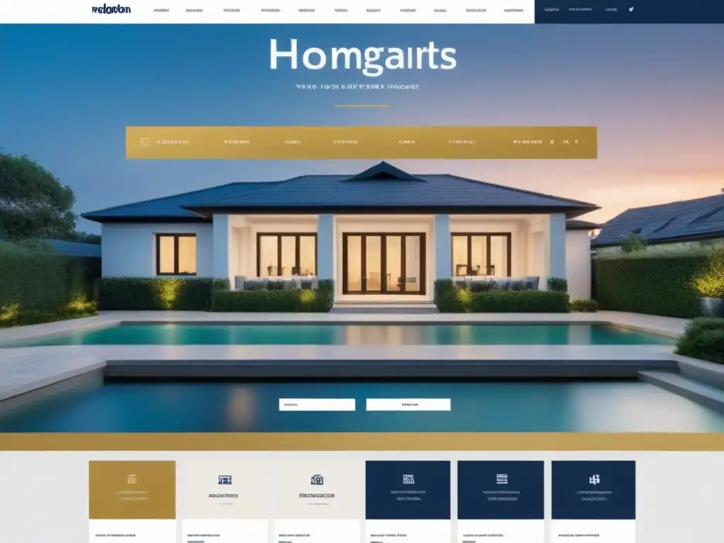 Web inmobiliaria elegante y moderna en alta resolución Explora los mejores diseños web inmobiliarios convertir en esta imagen de un sitio web moderno y elegante en tonos de azul, blanco y dorado