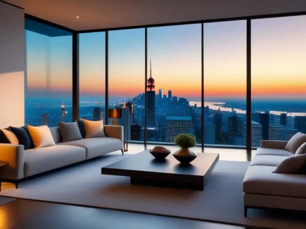 Salón de lujo con vistas a la ciudad al atardecer Mejores momentos para invertir inmobiliario: Sala de estar lujosa con vista panorámica de la ciudad al atardecer, mobiliario moderno y elegante