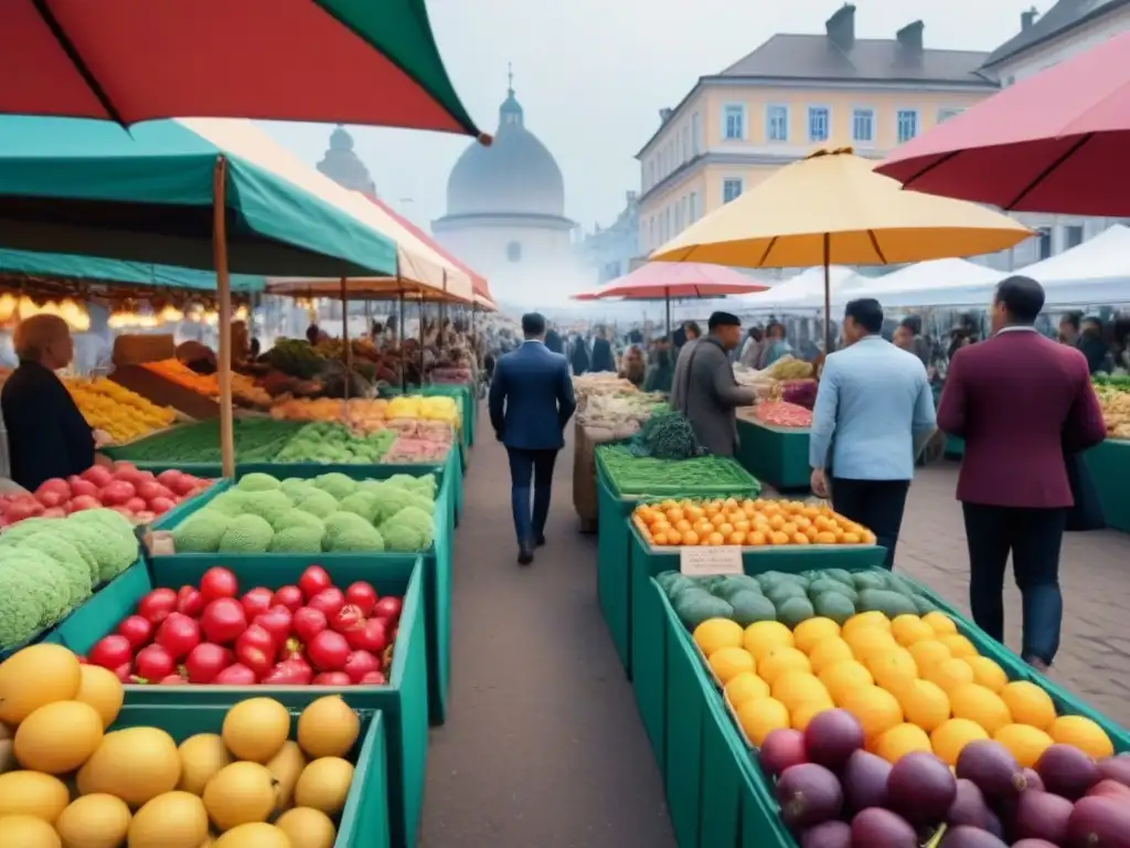 Mercado al aire libre: comunidad, color y conexiones Mercado al aire libre bullicioso, lleno de compradores explorando puestos con frutas, verduras y productos hechos a mano