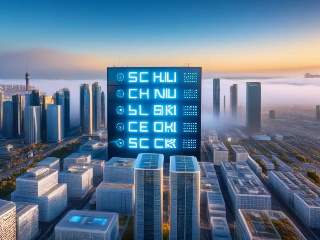 Metropolis blockchain: ciudad futurista transparente en 8k Un mercado inmobiliario transparente blockchain en una ciudad futurista con edificios de cristal reflectantes y pantallas digitales