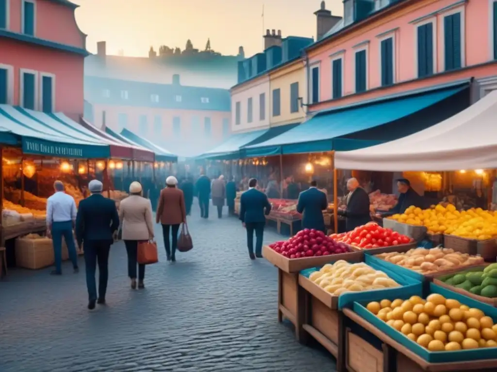 Mercado local vibrante: inversión inmobiliaria Mercado local bullicioso con puestos tradicionales, edificios históricos y arte moderno bajo la luz cálida