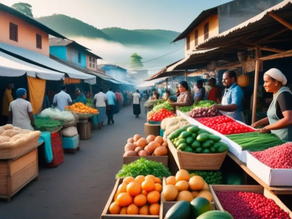 Mercado vibrante y colorido en país en desarrollo Un mercado vibrante en un país en desarrollo, reflejando emprendimiento y diversidad
