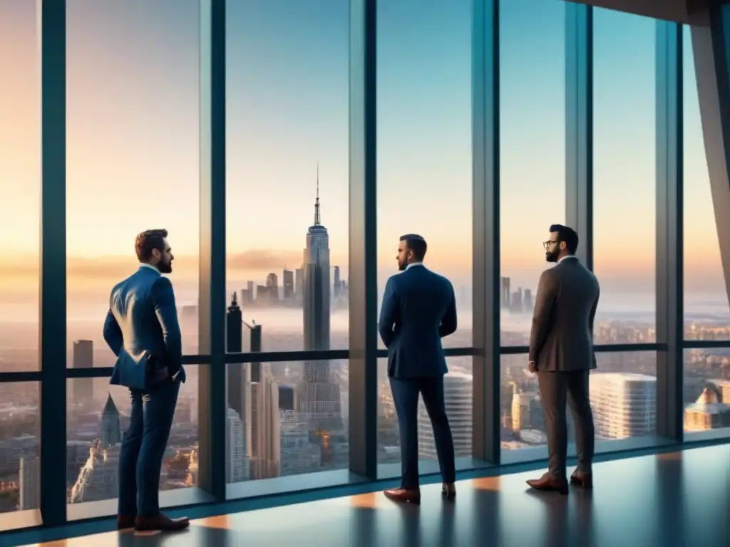 Rascacielos moderno en mercado emergente: diversidad y oportunidad Guía de diversificación para invertir en mercados inmobiliarios emergentes con profesionales debatiendo en un edificio moderno y lujoso