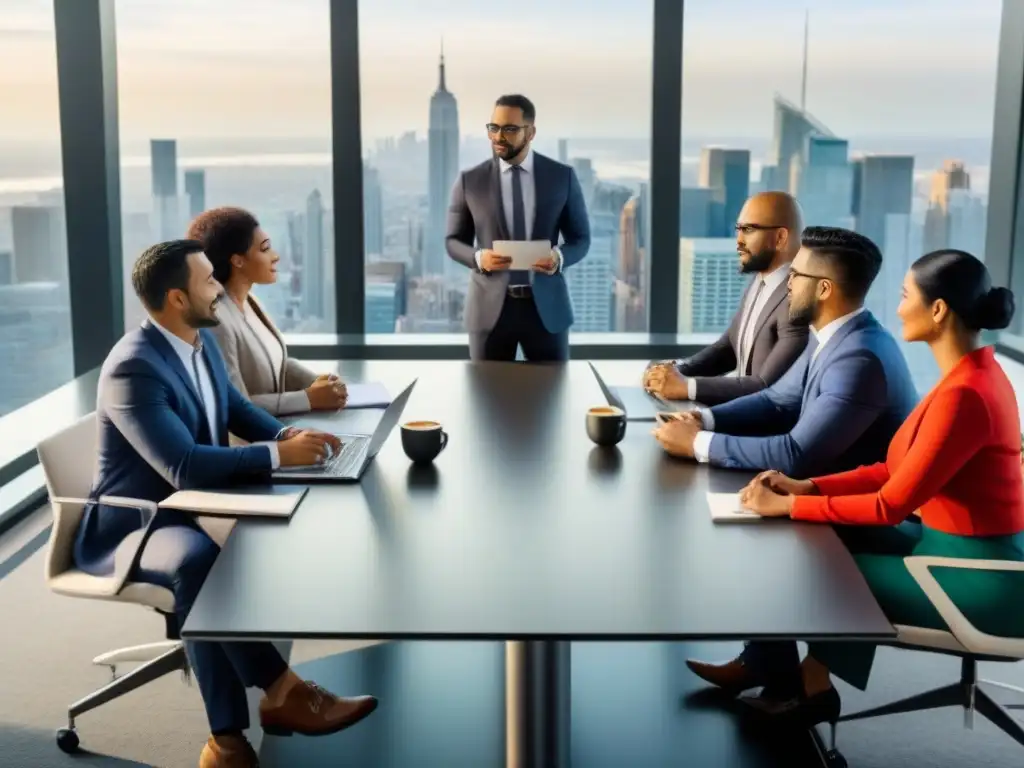 Reunión inclusiva: diversidad y colaboración en financiamiento inmobiliario Una mesa de diversidad étnica discutiendo programas financiamiento inmobiliario minorías en una oficina moderna con ventanales y vista a la ciudad