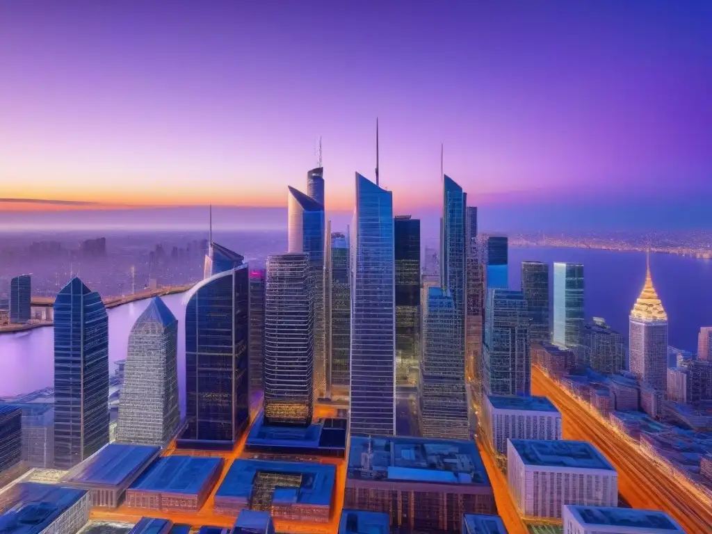 Futurista skyline financiero al atardecer: innovación y sofisticación Una metrópolis futurista al atardecer con rascacielos iluminados reflejando la luz, luces de ciudad y un cielo púrpura y naranja