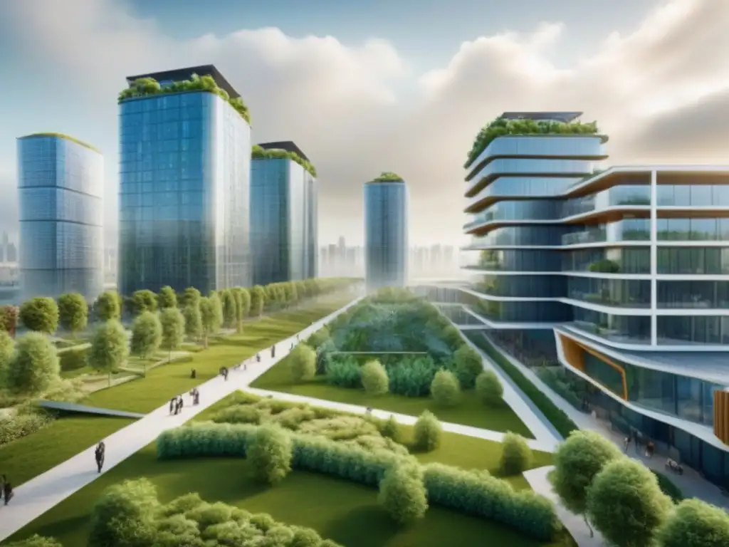 Metrópolis futurista sostenible: arquitectura innovadora y convivencia armoniosa Una metrópolis futurista con edificios sostenibles innovadores, energías renovables y comunidades vibrantes
