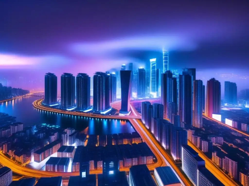 Metrópolis futurista: luces neón en la noche Una metrópolis futurista iluminada con luces neón, reflejando la importancia certificaciones bienes raíces