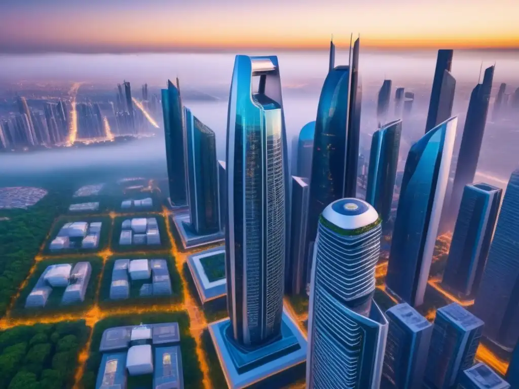 Metrópolis futurista: innovación arquitectónica y AI Una metrópolis futurista con rascacielos elegantes y diseño arquitectónico avanzado, reflejando innovación y sofisticación