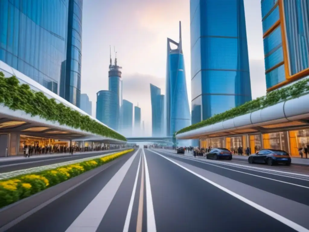 Metrópolis futurista: tecnología y sostenibilidad en la ciudad del mañana Una metrópolis futurista con rascacielos elegantes e innovadores sistemas de transporte, en armonía con normativas inmobiliarias locales actualizadas