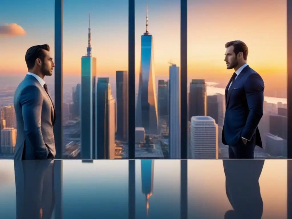 Metrópolis futurista: Finanzas en atardecer innovador Una metrópolis futurista con rascacielos imponentes y arquitectura moderna, refleja el riesgo crediticio en préstamos inmobiliarios en un distrito financiero vibrante al atardecer