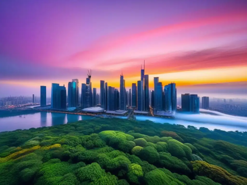 Horizonte urbano futurista: rascacielos innovadores en atardecer vibrante Una metrópolis futurista con rascacielos imponentes reflejando un atardecer vibrante, simbolizando crecimiento financiero y posibilidades futuras con hipotecas basadas en ingresos futuros